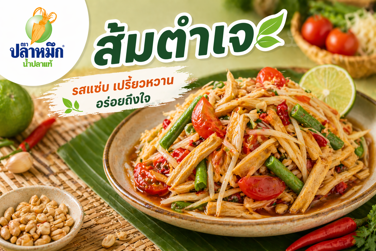 J-Festival Feast: J Papaya Salad: An essential, bold-flavored appetizer. Even without traditional fish sauce, using premium Vegan Fish Sauce perfectly enhances the dish, delivering a savory 'umami' and aromatic saltiness that rivals the original. It captures the authentic essence of regular Som Tum so closely you won't even notice the difference. Guaranteed to be just as delicious!