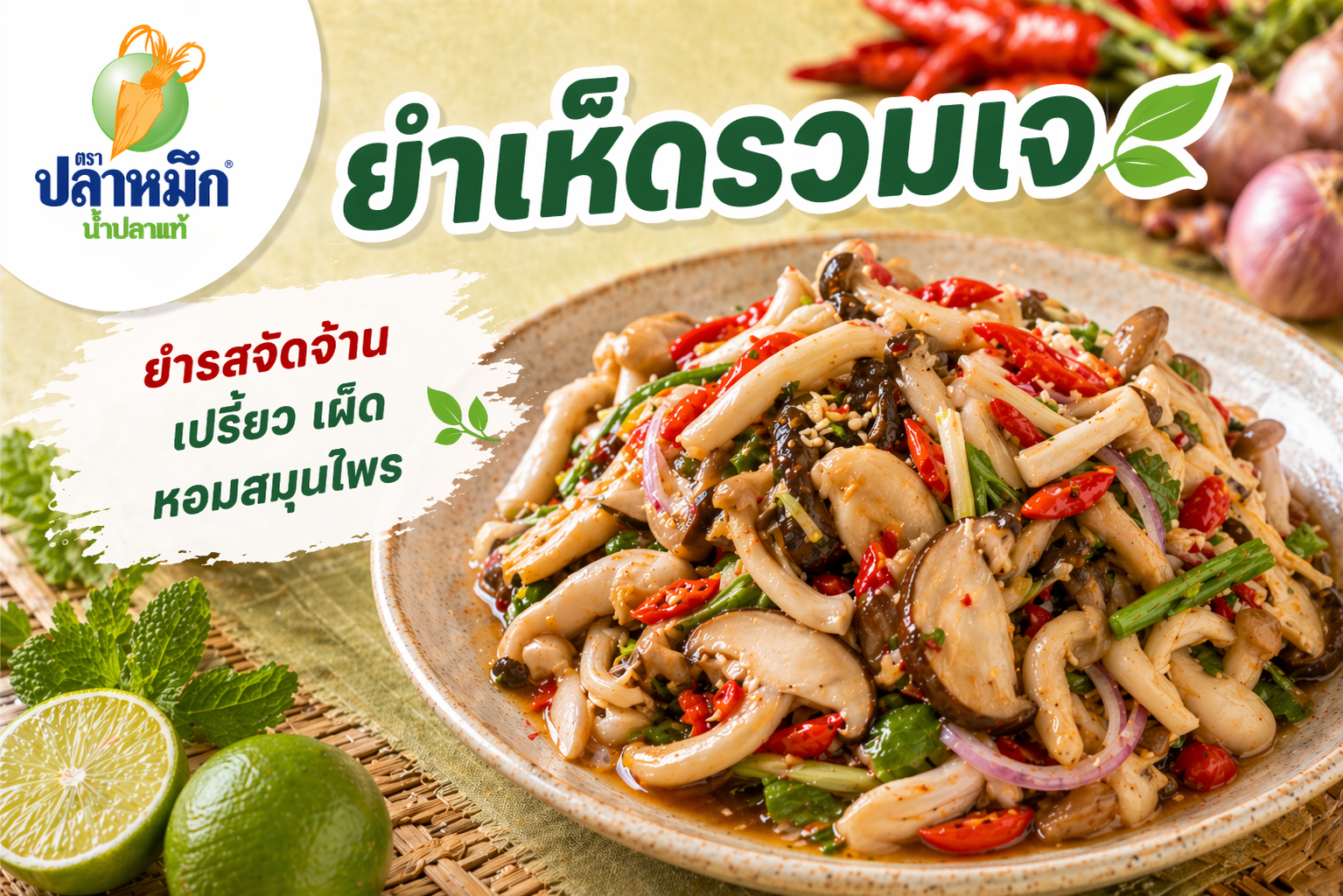 J-Festival Feast: Spicy Mixed Mushroom Salad (Yum Hed): A zesty salad featuring a variety of mushrooms, blanched until perfectly tender and bouncy. It’s tossed in a vibrant dressing infused with fresh lime juice and healthy alternative fish sauce. This low-calorie dish is perfect for clean eaters, as it helps boost metabolism and leaves you feeling light and refreshed after your meal.