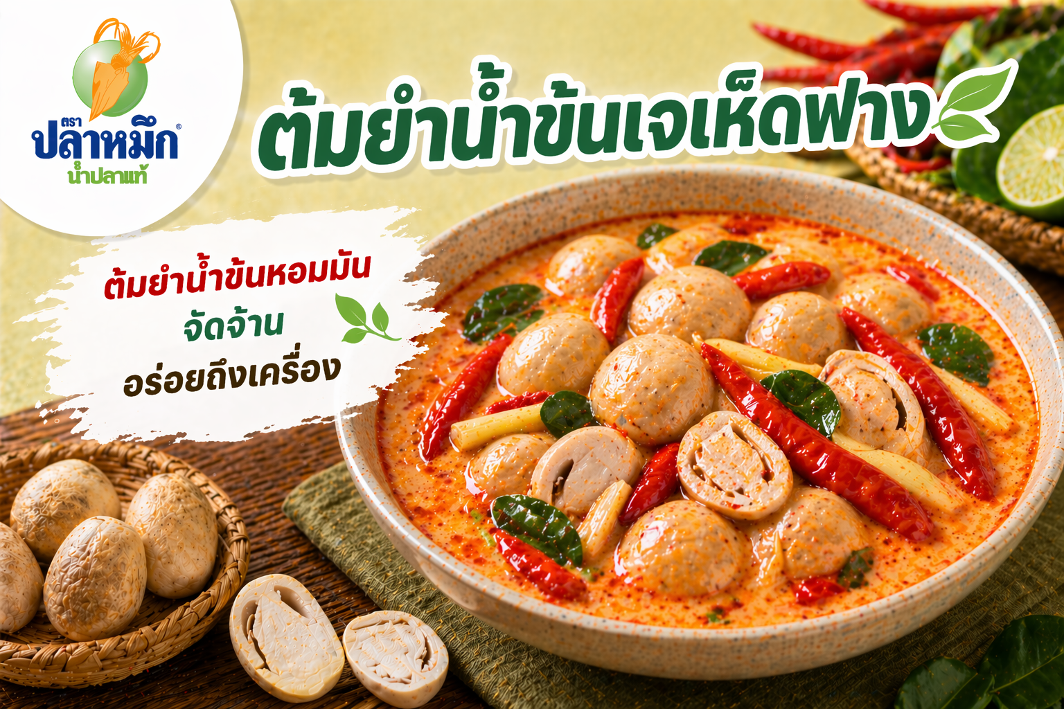 J-Festival Feast: Creamy J Tom Yum with Straw Mushrooms: A signature Thai dish that showcases the bold and fiery flavors of traditional herbs. This zesty Tom Yum uses soy milk instead of coconut milk for a rich, velvety texture. Infused with fresh aromatics and vegan chili paste, it is seasoned to perfection with Vegan Fish Sauce for that authentic spicy kick.